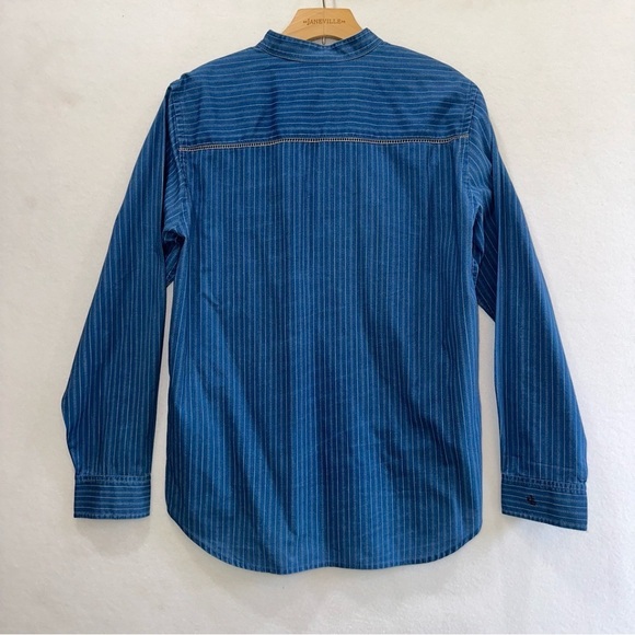 Lauren Jeans Co Blue Striped Pin Tuck Button Front Lace Inset Indigo Top Sz 8 - Picture 2 of 6